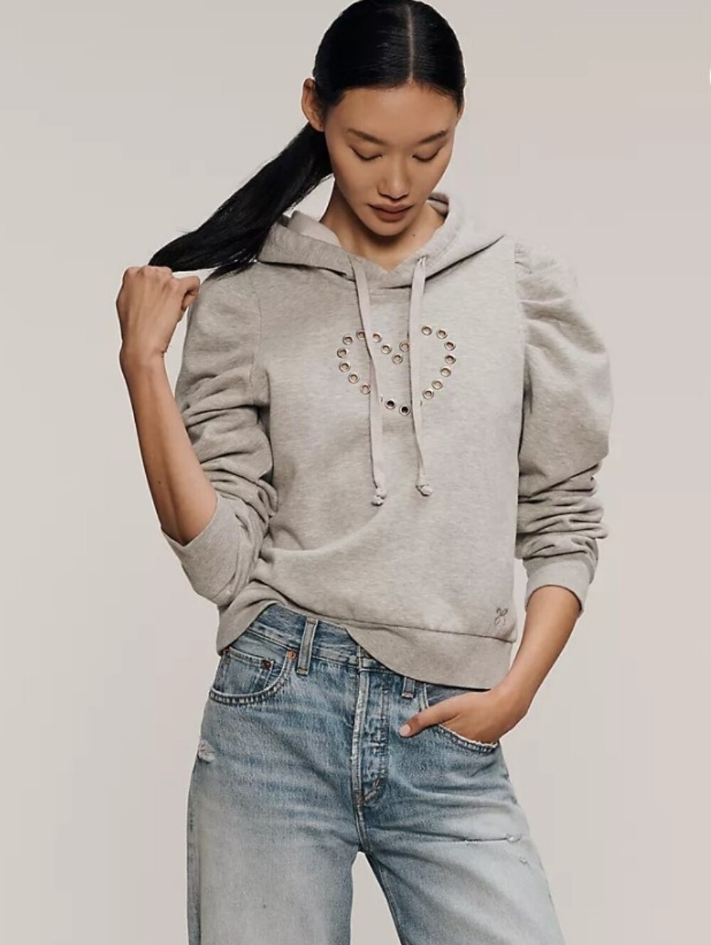 Maeve Puff Sleeve Cutout Heart Grommet Hoodie Sweatshirt Gray Silver Size Large